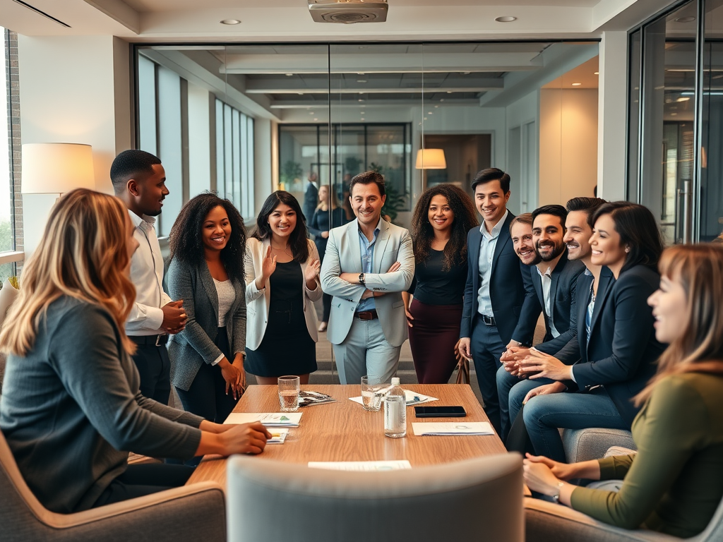 "diverse group of professionals" "engaged in lively discussion" "comfortable modern meeting room" "open body language" "warm lighting" "collaborative atmosphere" "smiling faces"