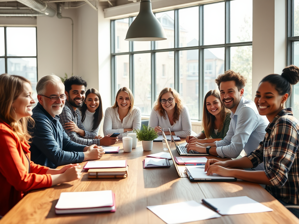 A diverse group engaged in a lively meeting around a wooden table, smiling faces, bright modern office, sunlight streaming through large windows, notebooks and laptops open.