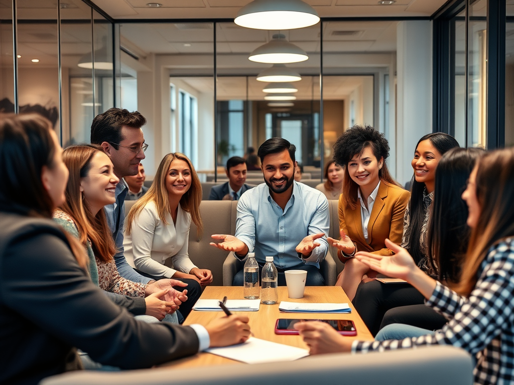 "diverse group of professionals" "engaged in lively discussion" "comfortable modern meeting room" "open body language" "warm lighting" "collaborative atmosphere" "smiling faces"