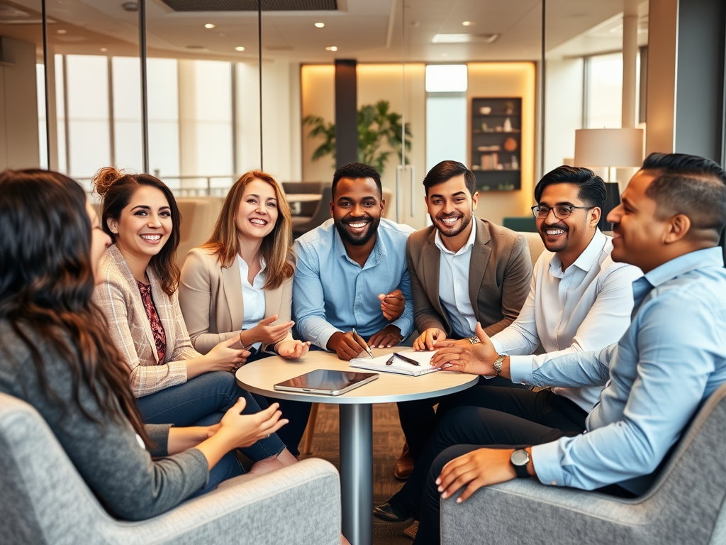 "diverse group of professionals" "engaged in lively discussion" "comfortable modern meeting room" "open body language" "warm lighting" "collaborative atmosphere" "smiling faces"