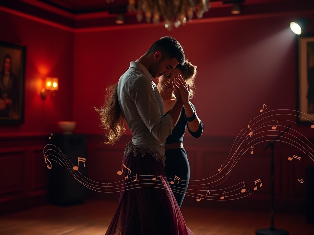 "A couple dancing bachata in a warm, intimate studio, close embrace, synchronized breathing, graceful lift, spotlight glow, musical notes subtly weaving around."