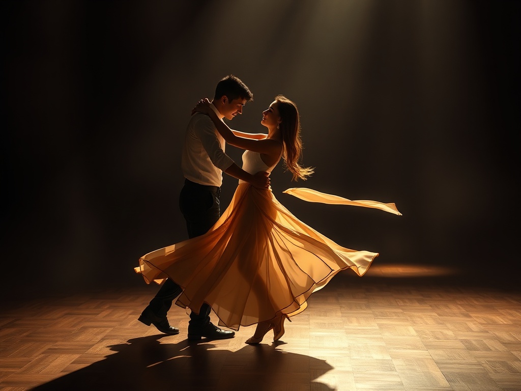 "A dimly lit dance floor where two dancers merge into one flow, intertwined bodies, synchronized breath, soft contact points, flowing fabrics, warm golden hues, musical notes subtly guiding their movements."