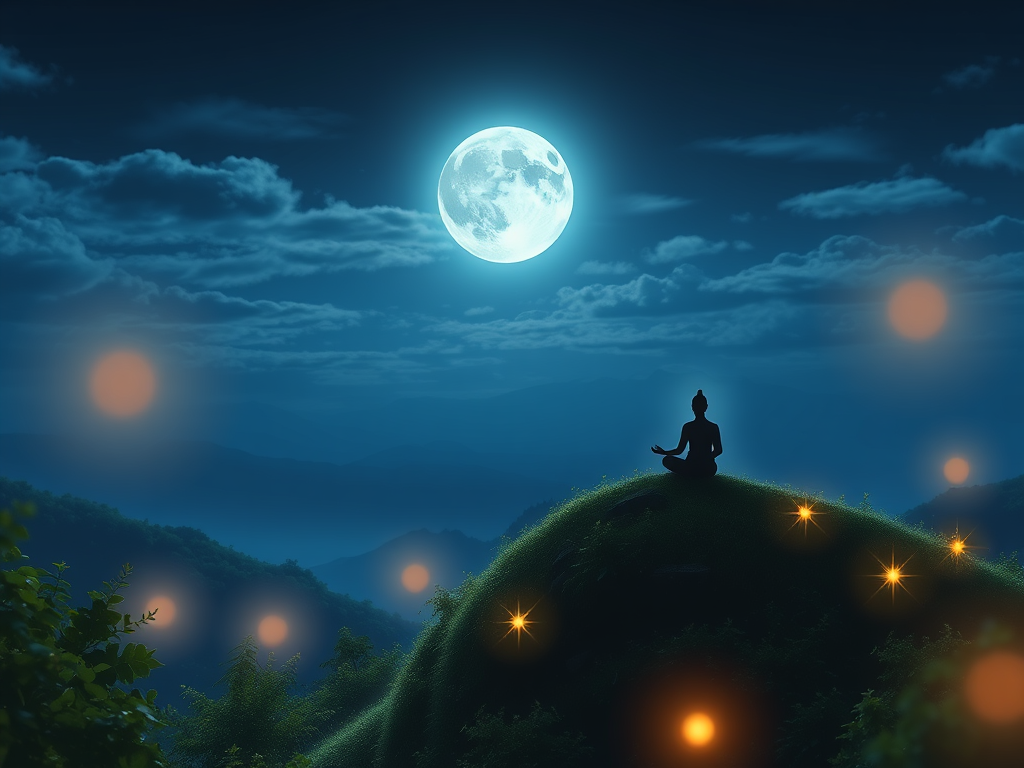 Een mediterende figuur op een heuvel onder de volle maan.