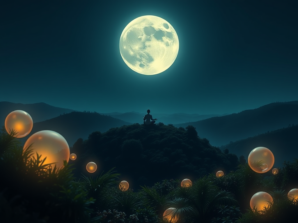 Een serene maanlandschap met een mediterende figuur op een heuvel.