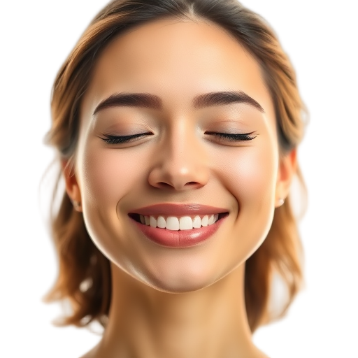 Een glimlachend persoon met gesloten ogen en een witte achtergrond.