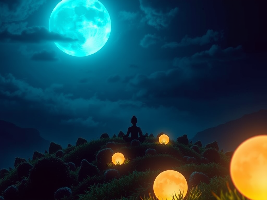 Een mediterende figuur op een heuvel onder een volle maan.