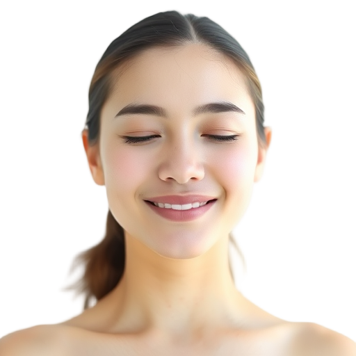 Een persoon met gesloten ogen en een glimlach.