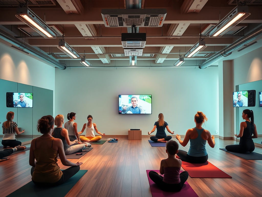 Een serene gym met diverse mensen die mindfulness beoefenen.