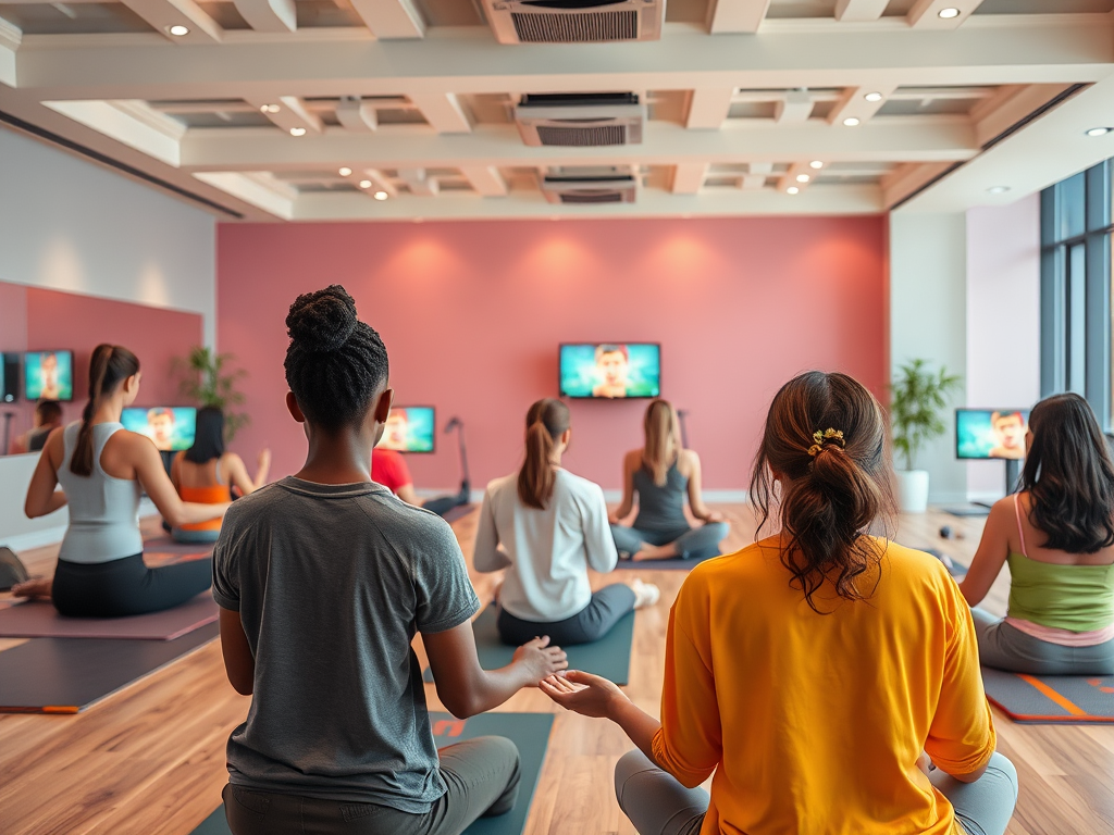 Een rustige sportschool met diverse mensen die mindfulness beoefenen.