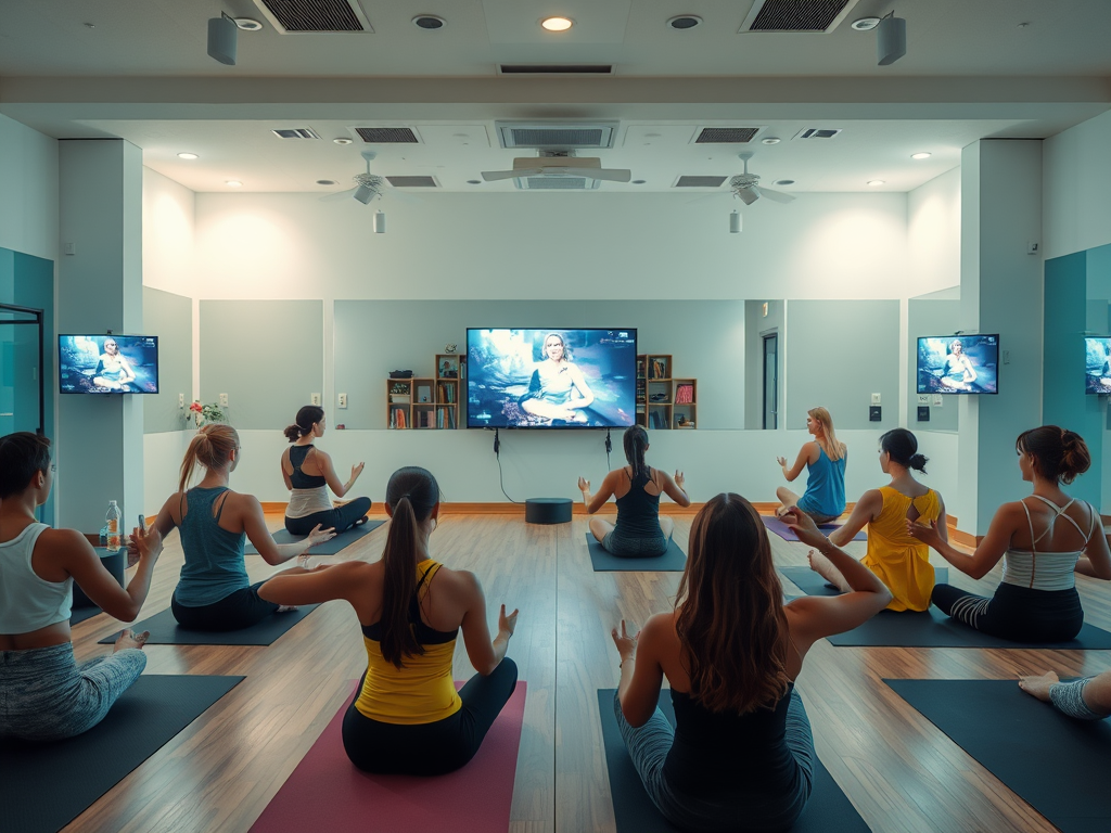 Een rustige sportschool met diverse mensen die mindfulness oefeningen doen.
