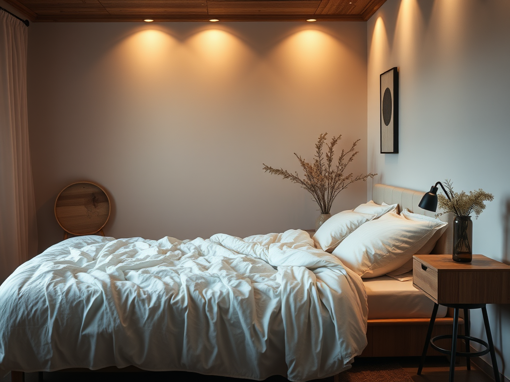 Een rustige slaapkamer met een gezellig bed en zachte linnen.