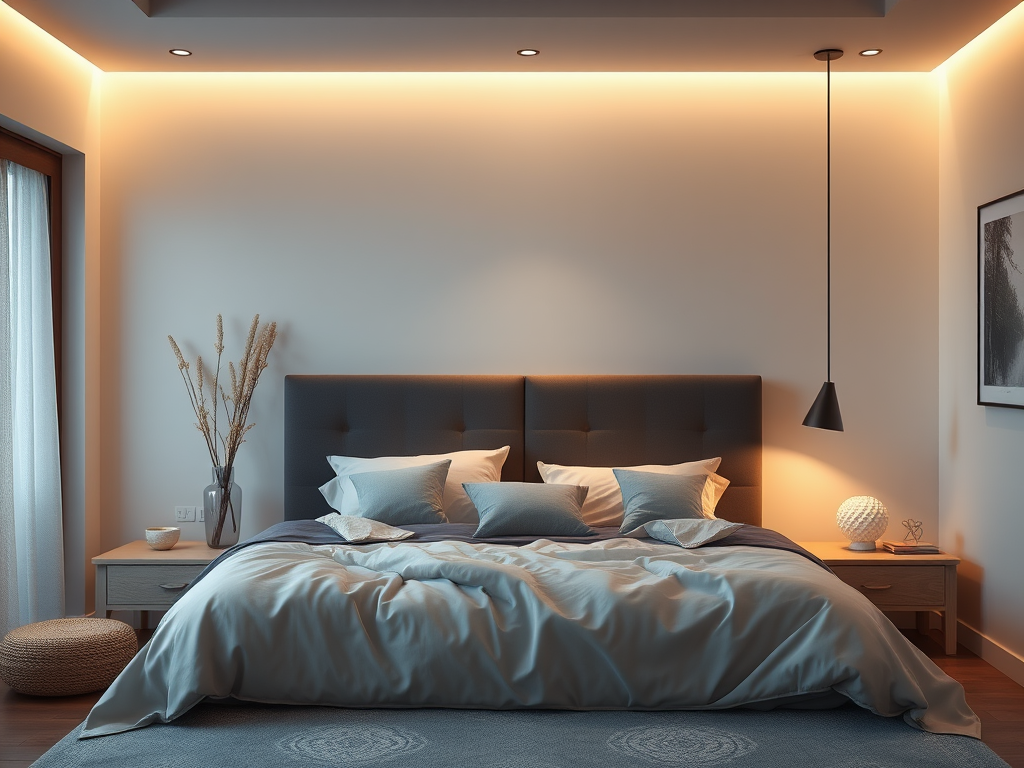 Een rustige slaapkamer met een comfortabel bed en sfeervolle verlichting.