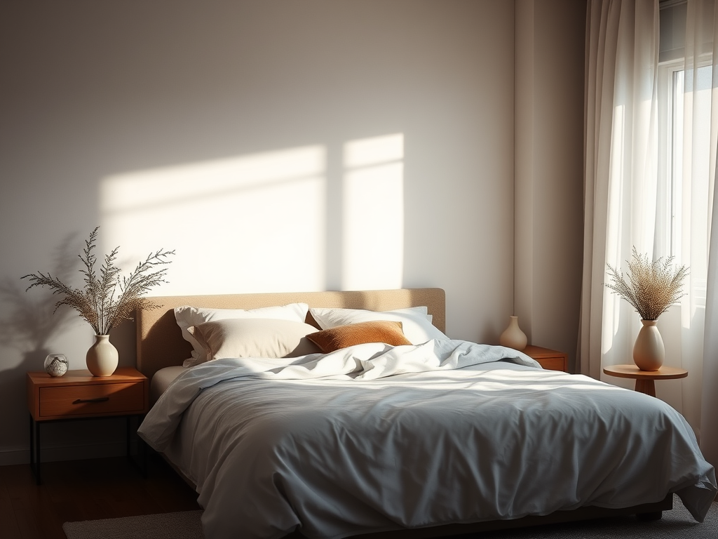 Rustige slaapkamer met een comfortabel bed en zachte linnen.