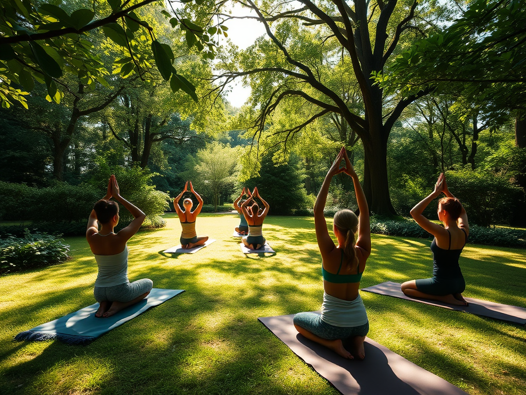 Studenten oefenen yoga in een groene, zonnige omgeving.