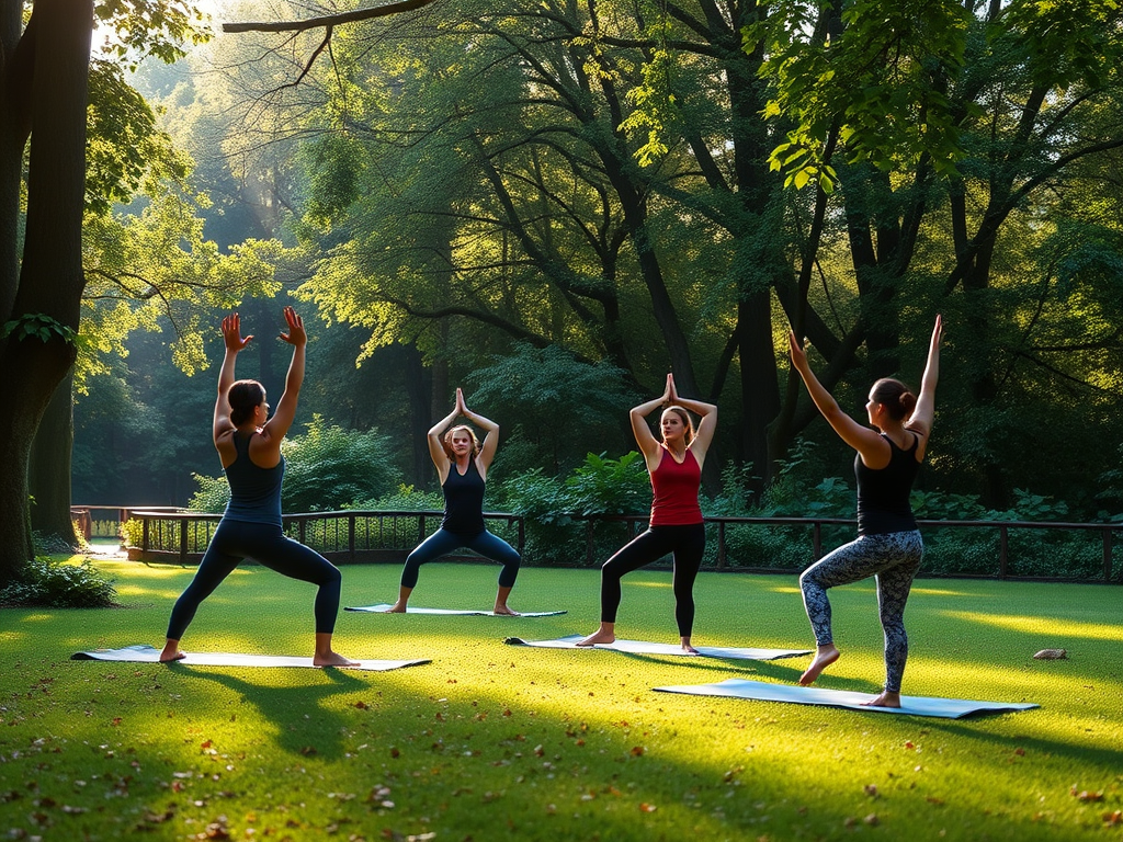Studenten die yoga beoefenen in een groene, serene omgeving.