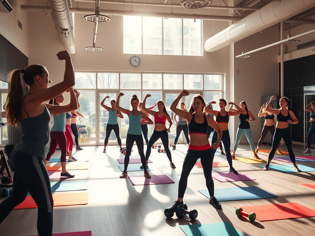 Een energieke fitnessles met deelnemers in een zonnige gym.