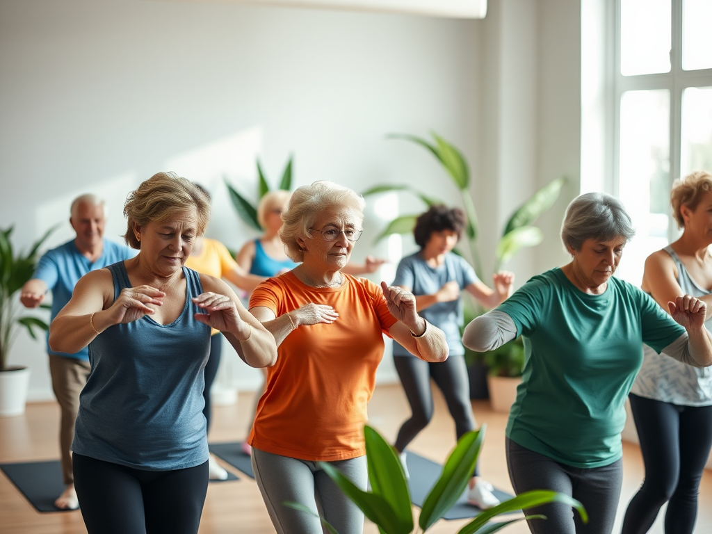 Een rustige fitnessles voor senioren in een lichte studio.