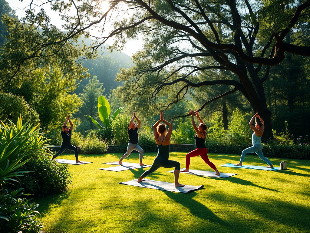 Studenten die yoga doen in een groene, zonnige omgeving.