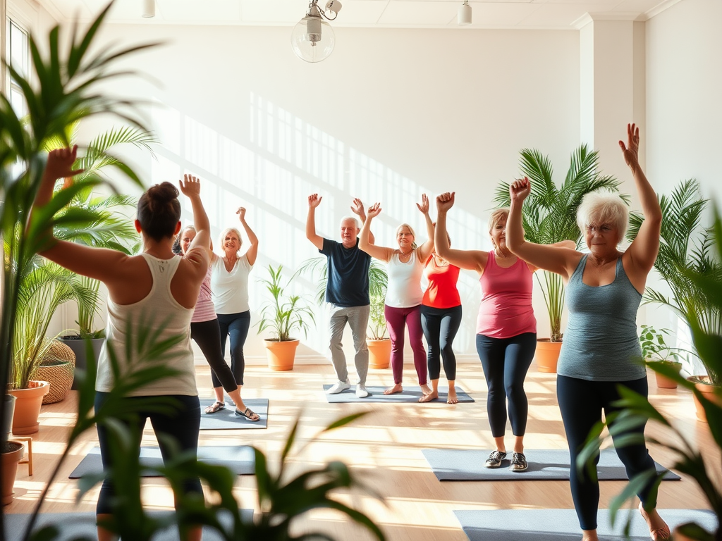 Senioren doen aan een rustige fitnessles in een lichte studio.
