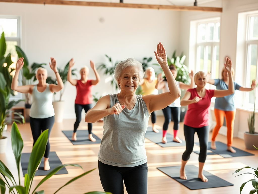 Een senioren fitnessles met blije deelnemers in een lichte studio.