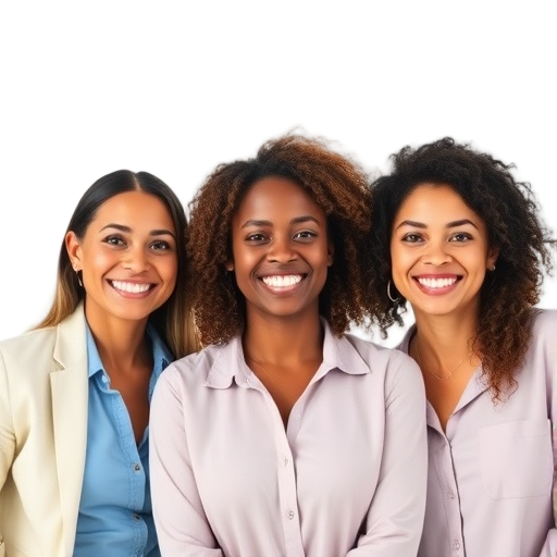 A diverse group of three professionals smiling to the camera with a white background looking like