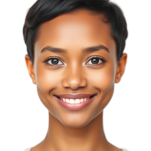 A confident person smiling to the camera with a white background looking like