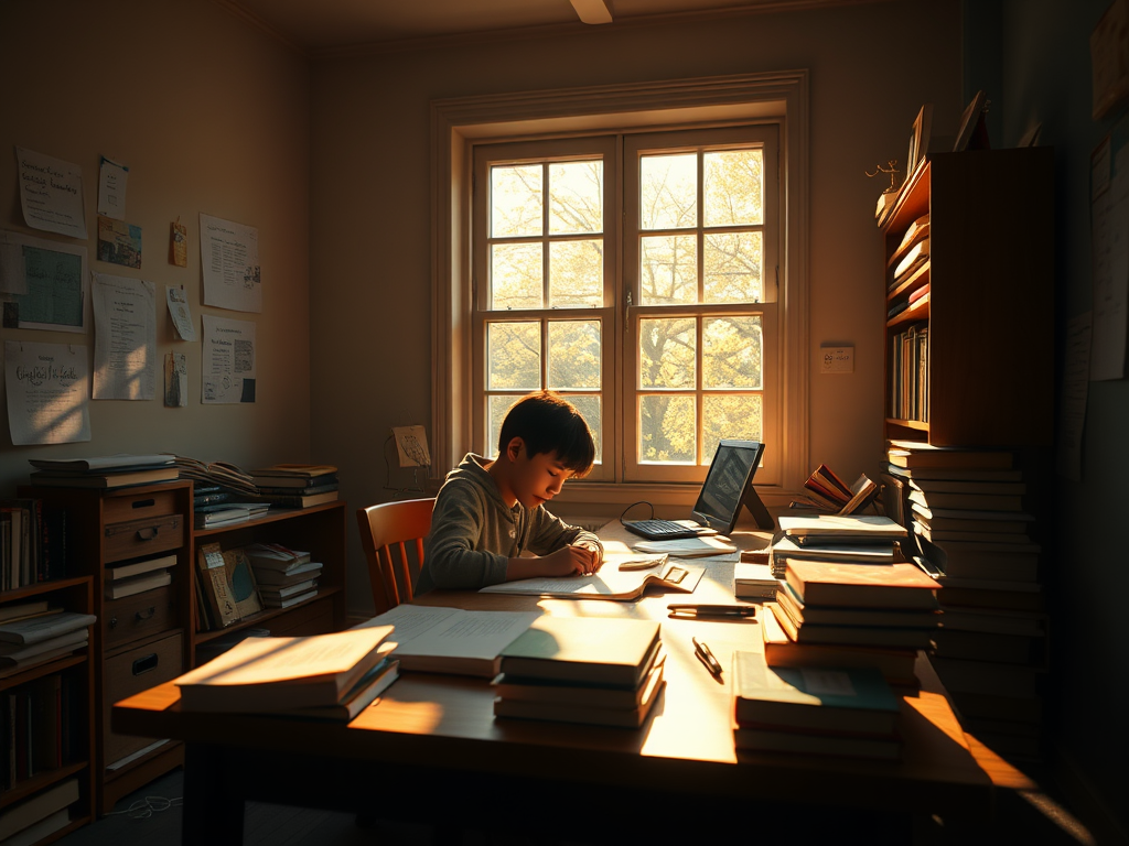 Een gefocuste student studeert aan een bureau met boeken.
