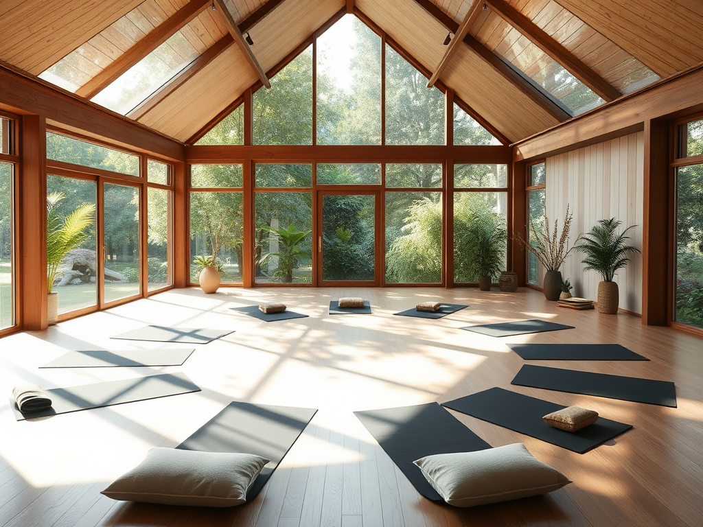 Een rustige yogastudio met natuurlijke verlichting en planten.