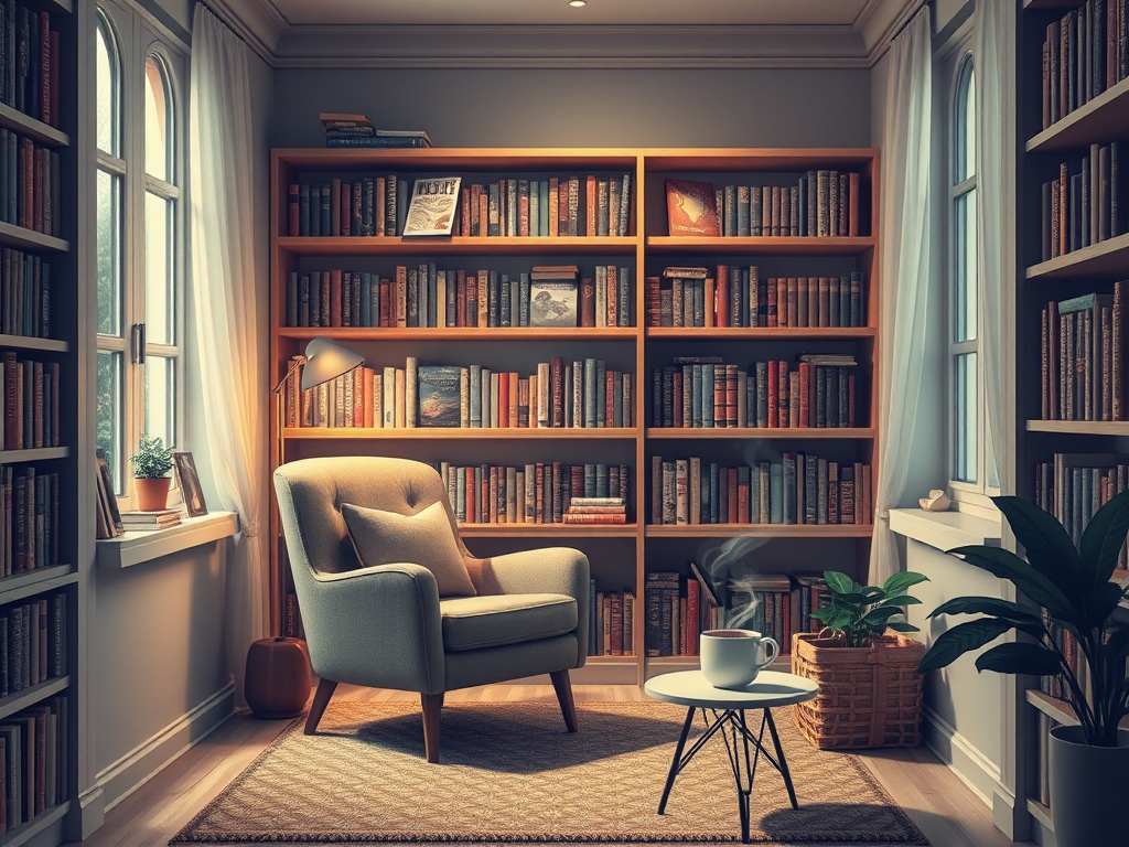 Een rustige leeshoek met een comfortabele stoel en boeken.