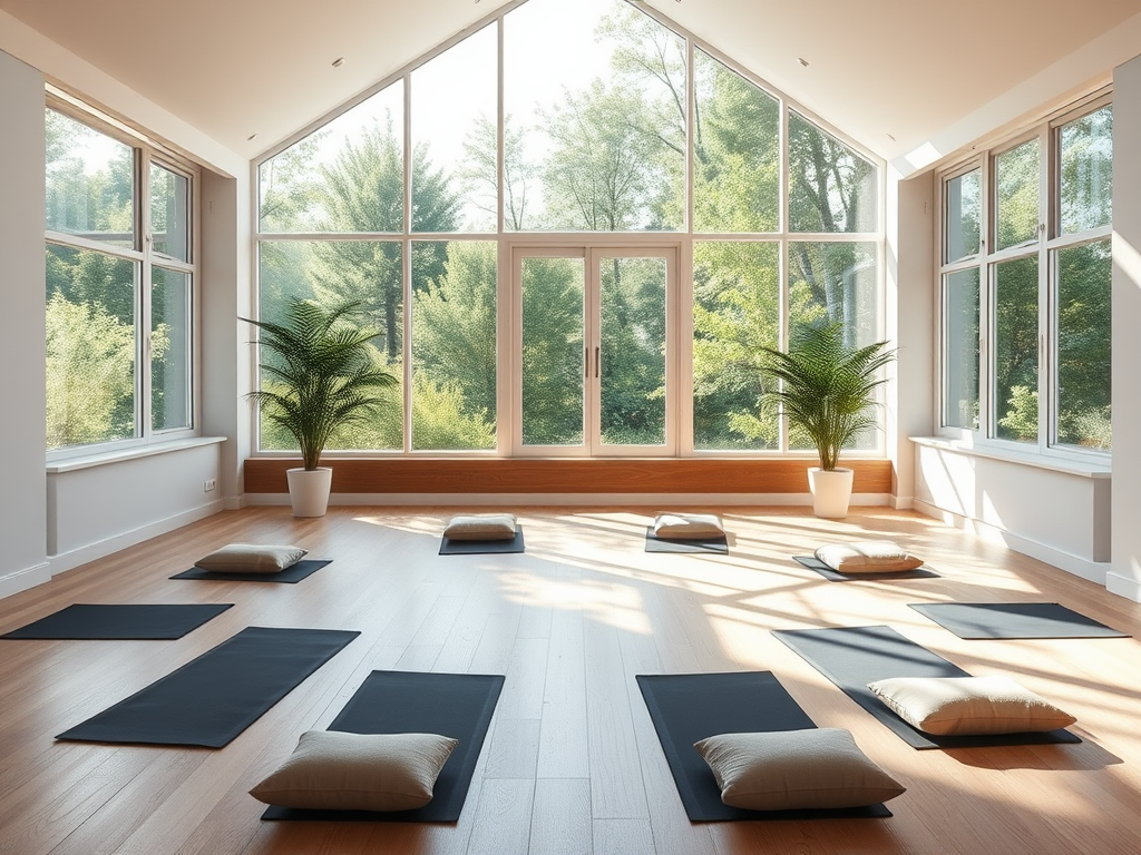 Een serene yogastudio met natuurlijk licht en planten.