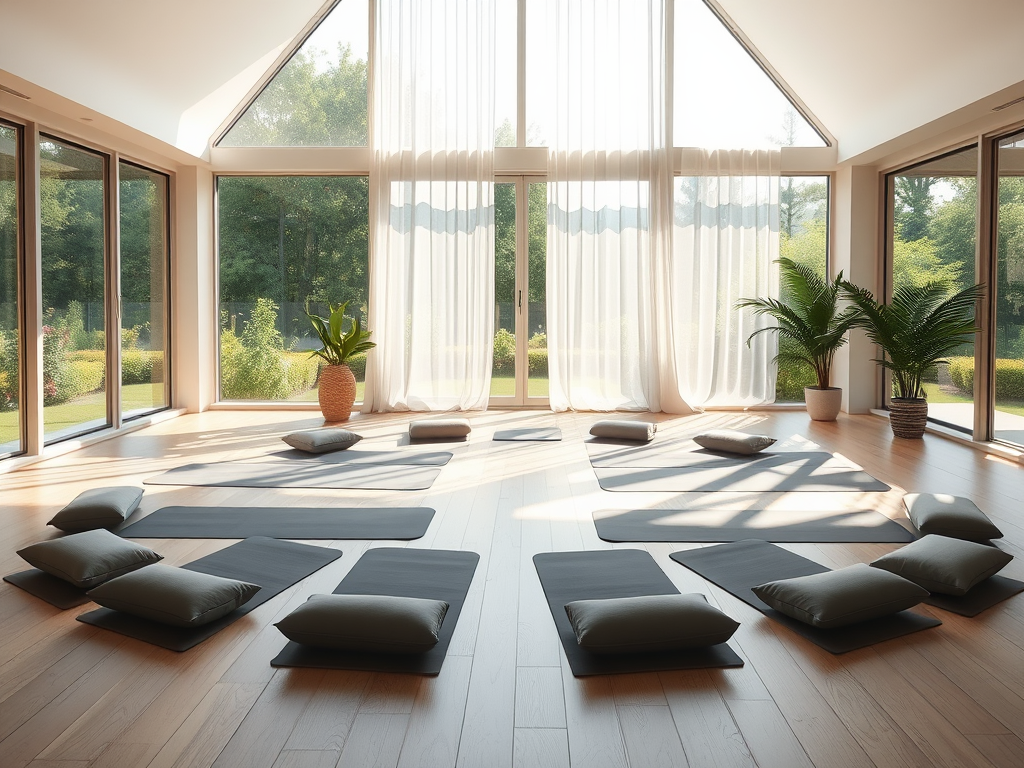 Een rustige yogastudio met natuurlijk licht en groene planten.