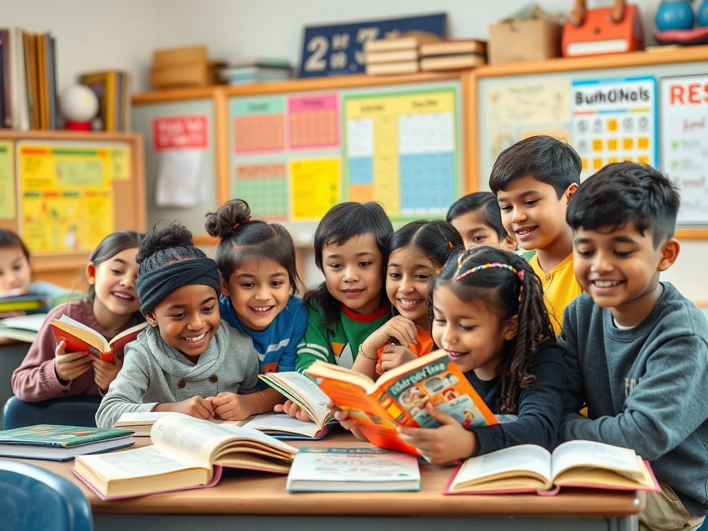 Een klaslokaal met blije kinderen die lezen.