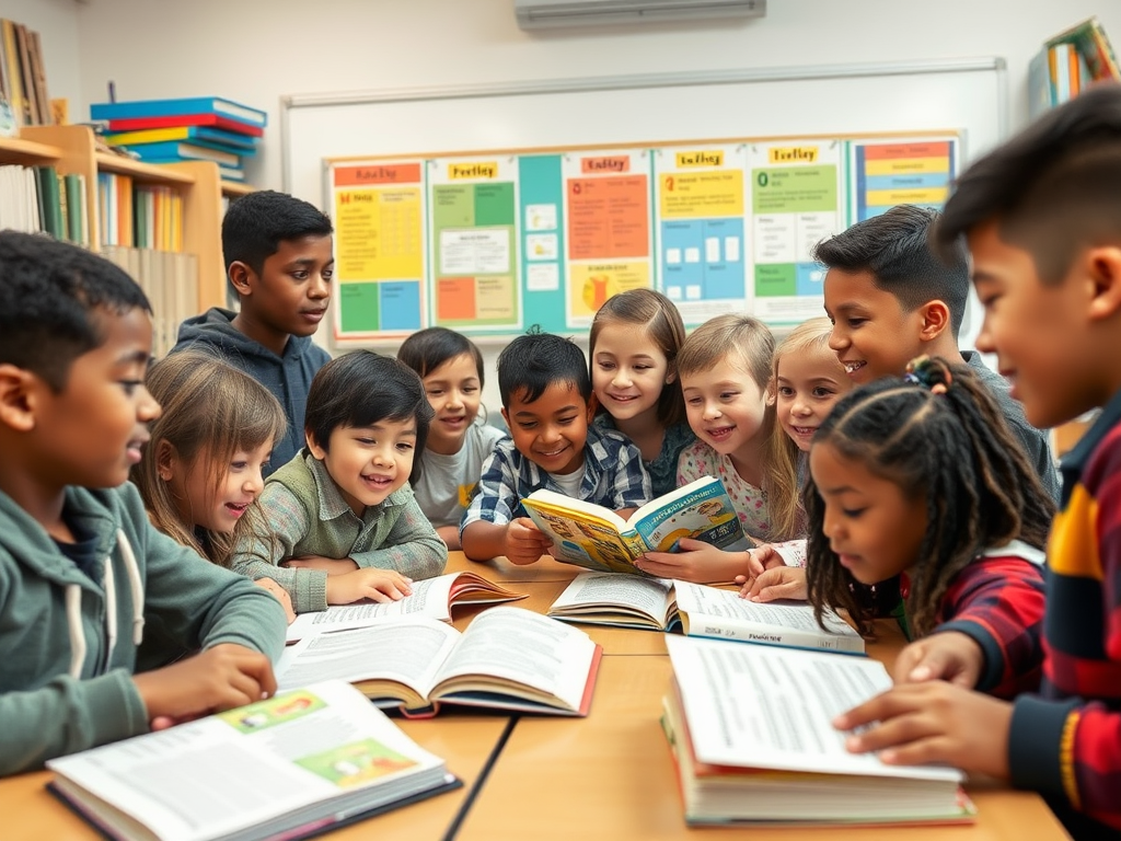 Een klaslokaal met diverse, enthousiaste kinderen die lezen.