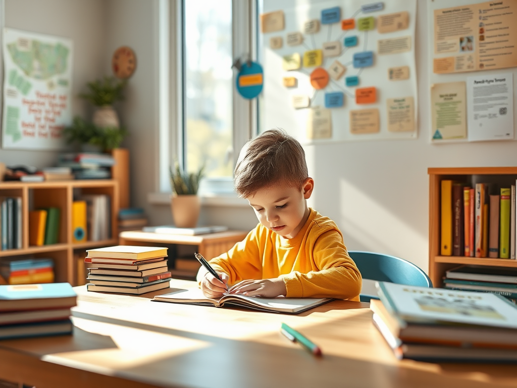 A focused child studying at a cozy desk, surrounded by colorful books, mind maps on the wall, bright natural light, and a calm, inspiring atmosphere.