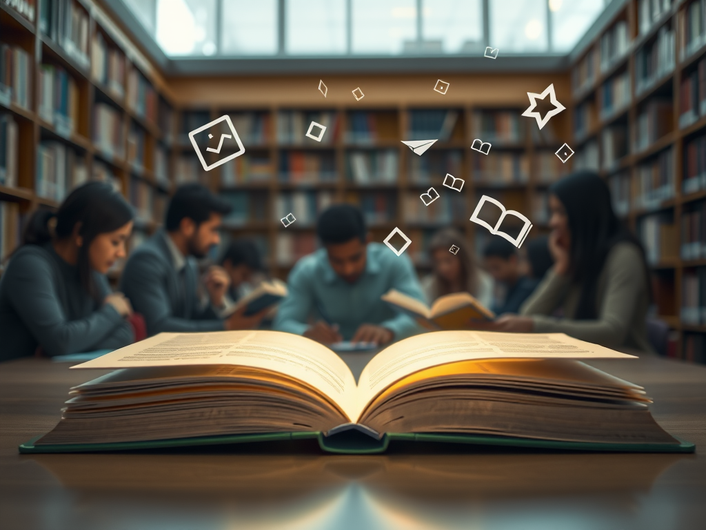"An open book glowing softly" "diverse group of people studying together" "calm, bright library setting" "symbols of knowledge floating around"