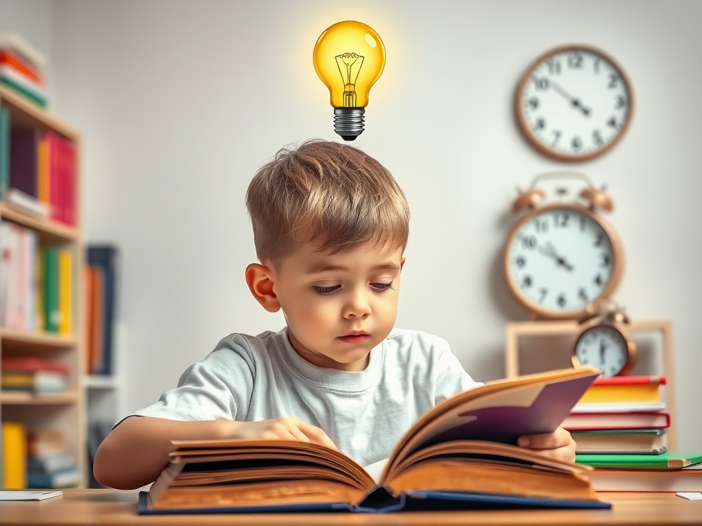 "A focused child reading a book" "glowing lightbulb above head" "colorful notes and clock showing less time" "calm, bright study room" "symbols of success and ease"