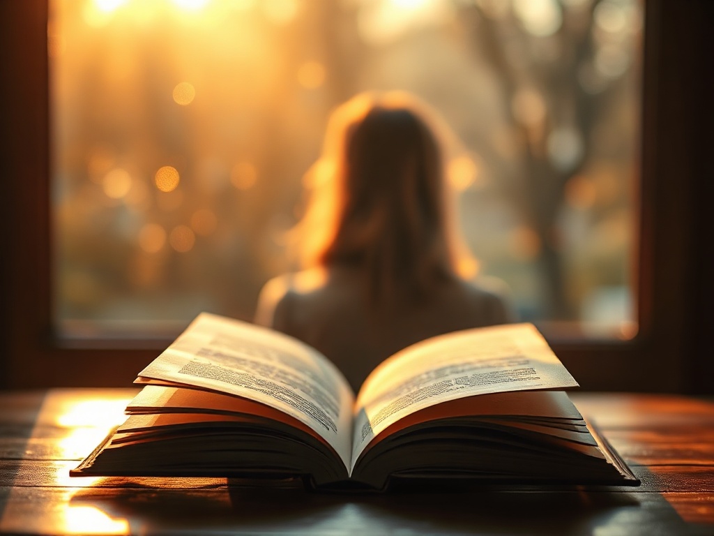 "open small book" "soft warm morning light" "quiet woman silhouette" "gentle rain window bokeh" "felt emotions represented by muted watercolor swirls"