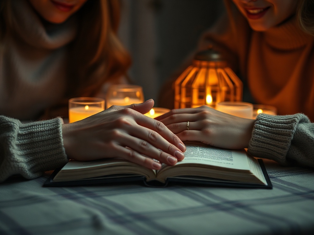 "A warm, intimate tabletop scene with an open, softly glowing book, two women’s hands gently touching, subtle tears and smiles, muted colors, soft daylight." "A quiet, hopeful atmosphere, shallow depth of field, cinematic realism, no people faces clearl