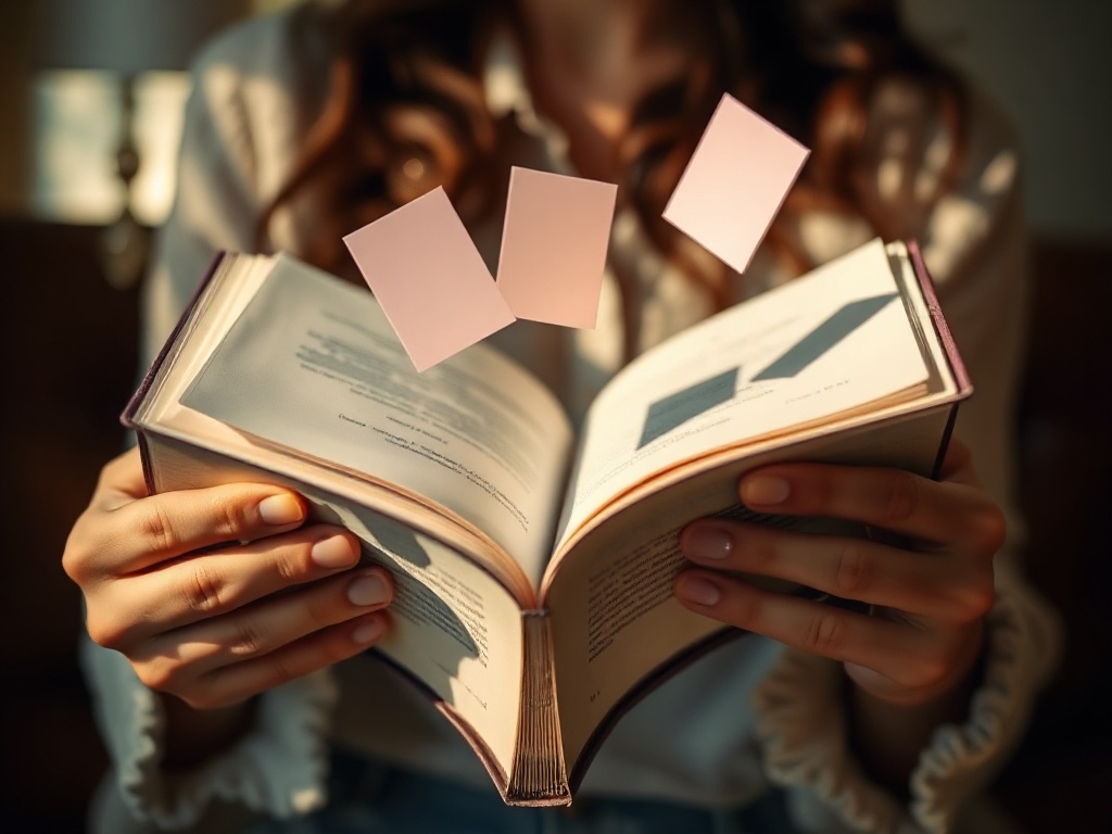 A woman’s hands holding an open book, soft warm light, subtle tears in watercolored shadows, three floating day-cards, calm intimate atmosphere, no text.