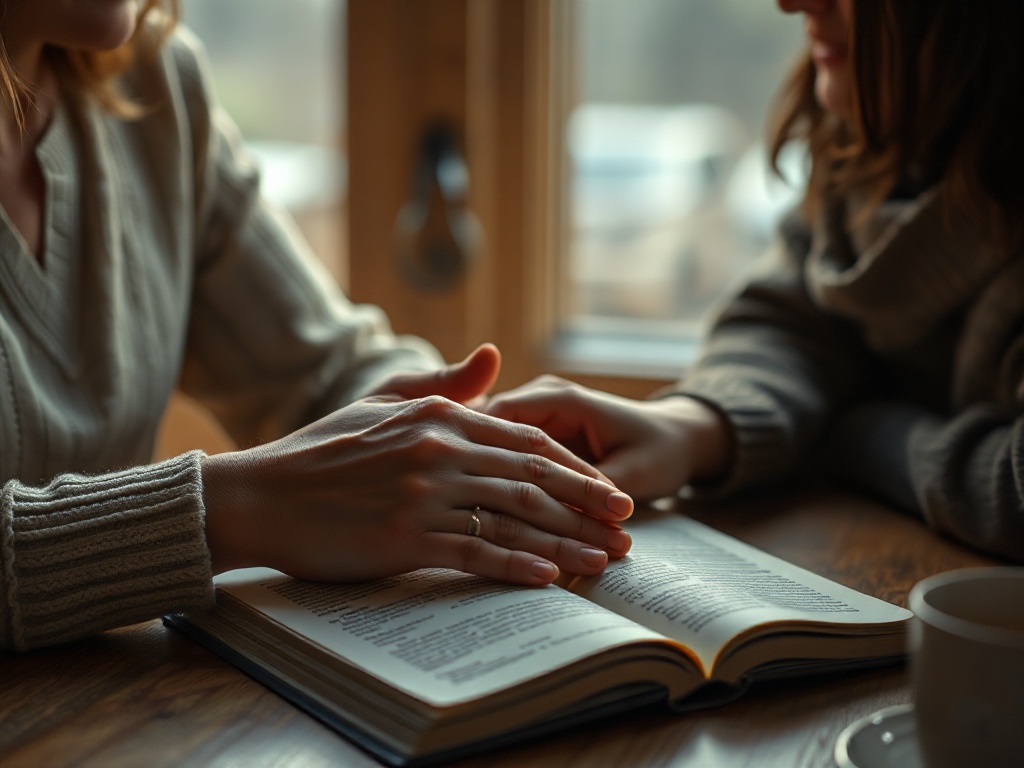 "A warm, intimate tabletop scene with an open, softly glowing book, two women’s hands gently touching, subtle tears and smiles, muted colors, soft daylight." "A quiet, hopeful atmosphere, shallow depth of field, cinematic realism, no people faces clearl