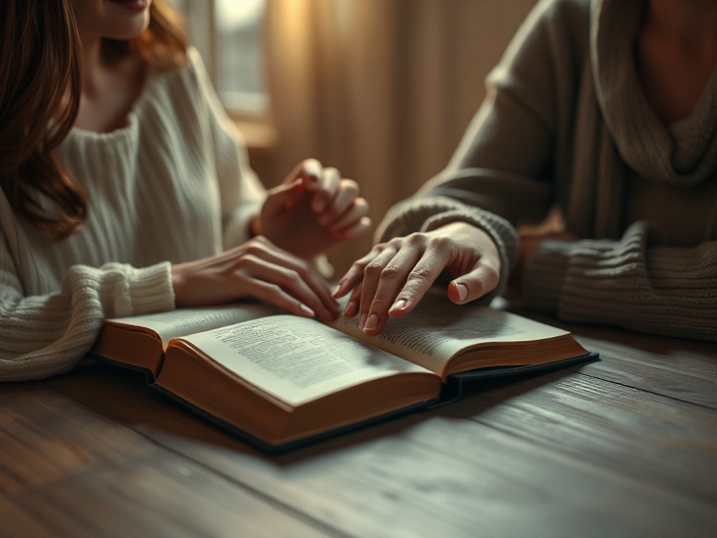 "A warm, intimate tabletop scene with an open, softly glowing book, two women’s hands gently touching, subtle tears and smiles, muted colors, soft daylight." "A quiet, hopeful atmosphere, shallow depth of field, cinematic realism, no people faces clearl