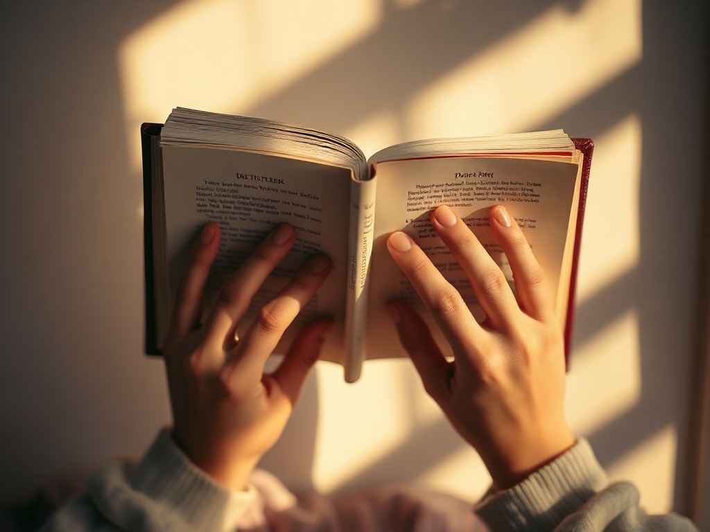 A woman’s hands holding an open book, soft warm light, subtle tears in watercolored shadows, three floating day-cards, calm intimate atmosphere, no text.