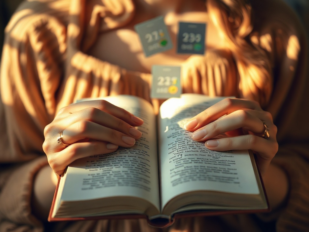 A woman’s hands holding an open book, soft warm light, subtle tears in watercolored shadows, three floating day-cards, calm intimate atmosphere, no text.