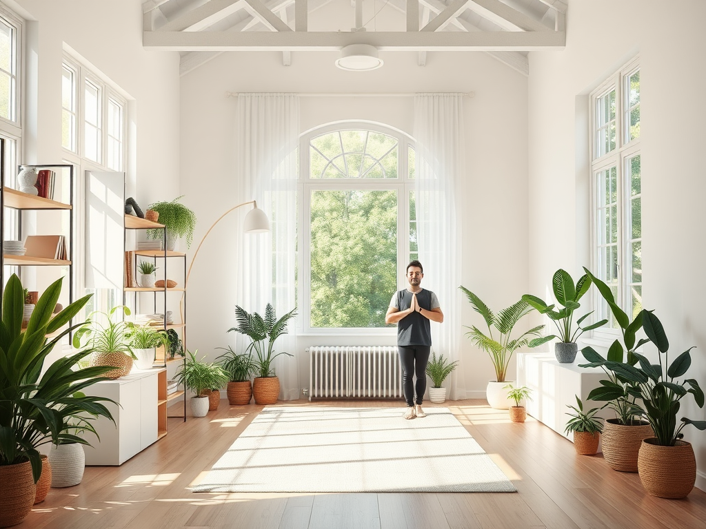 Een serene kamer met planten en een mediterende persoon.