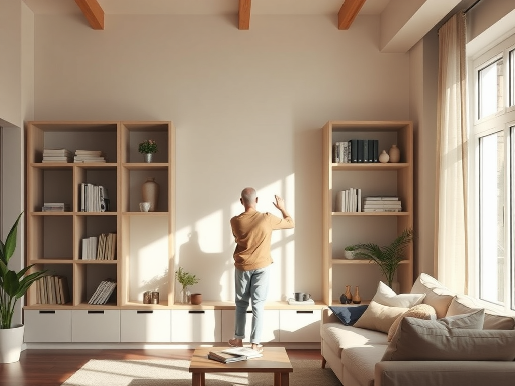 A calm, tidy living room with soft natural light, a person organizing shelves, a serene coach guiding gently, peaceful atmosphere, minimalistic decor, warm tones.