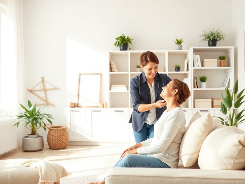 A calm, tidy living room with a professional coach gently guiding a relaxed person, soft natural light, organized shelves, peaceful atmosphere, minimalistic decor.