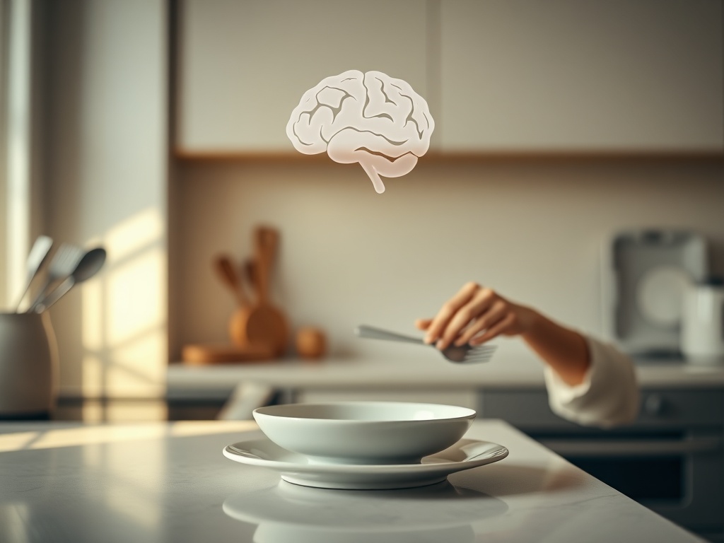 Serene kitchen scene with balanced plate, gentle warm light, subtle transparent brain-shaped silhouette above; calm woman setting utensils, inviting natural eating, freedom, structure.