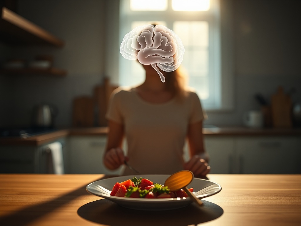 Serene kitchen scene with balanced plate, gentle warm light, subtle transparent brain-shaped silhouette above; calm woman setting utensils, inviting natural eating, freedom, structure.