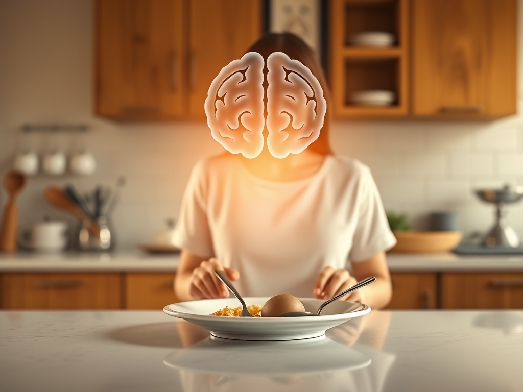 Serene kitchen scene with balanced plate, gentle warm light, subtle transparent brain-shaped silhouette above; calm woman setting utensils, inviting natural eating, freedom, structure.