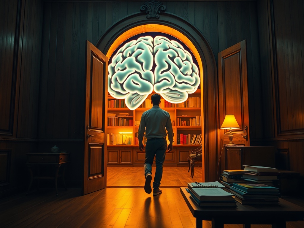 "Open wooden door revealing glowing brain-shaped library" "sunlit study desk with scattered notebooks and pen" "relaxed person stepping forward" "soft warm color palette, cinematic lighting"